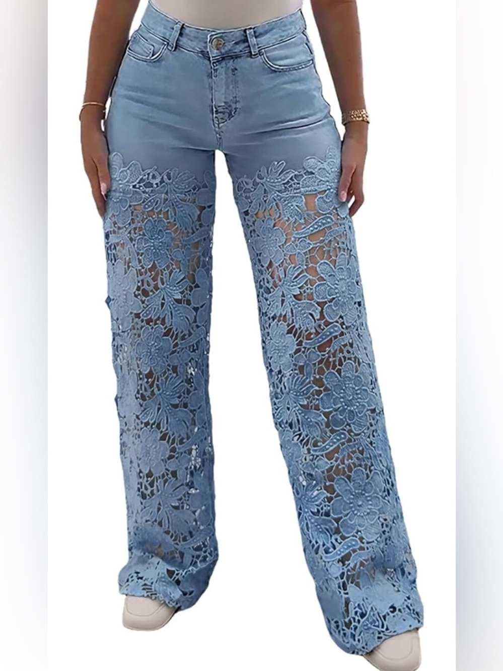 High-Waist Light Blue Lace-Panel Women's Jeans
